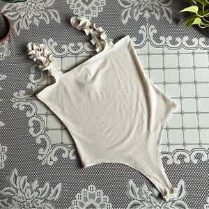 NWT Cream Ribbed Thong Bodysuit with Ruffle Straps